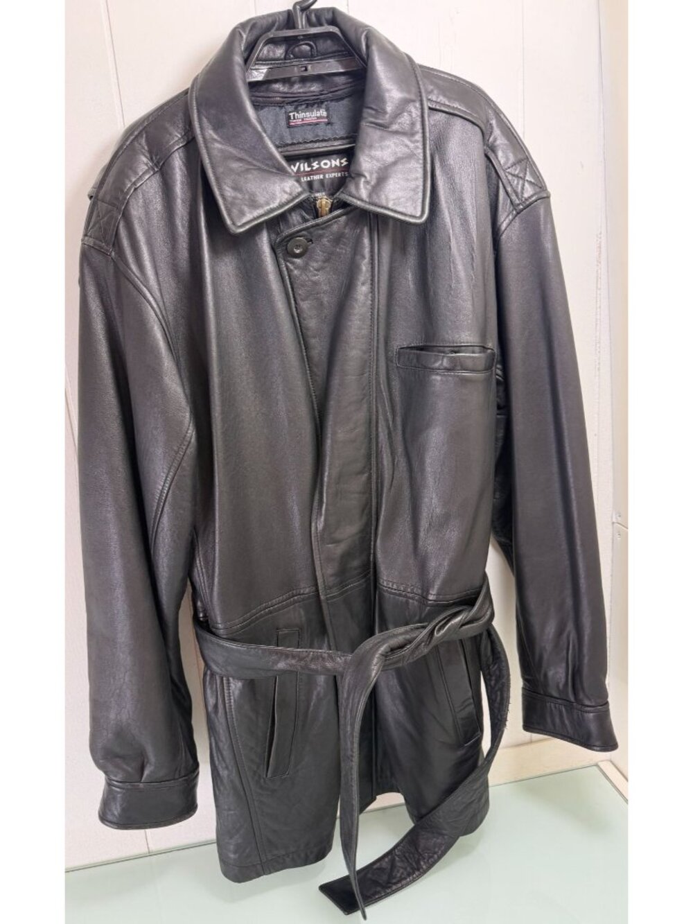 Vintage Wilsons Leather Belted Jacket Trench Coat Mens L Lined Warm Heavy Y2K